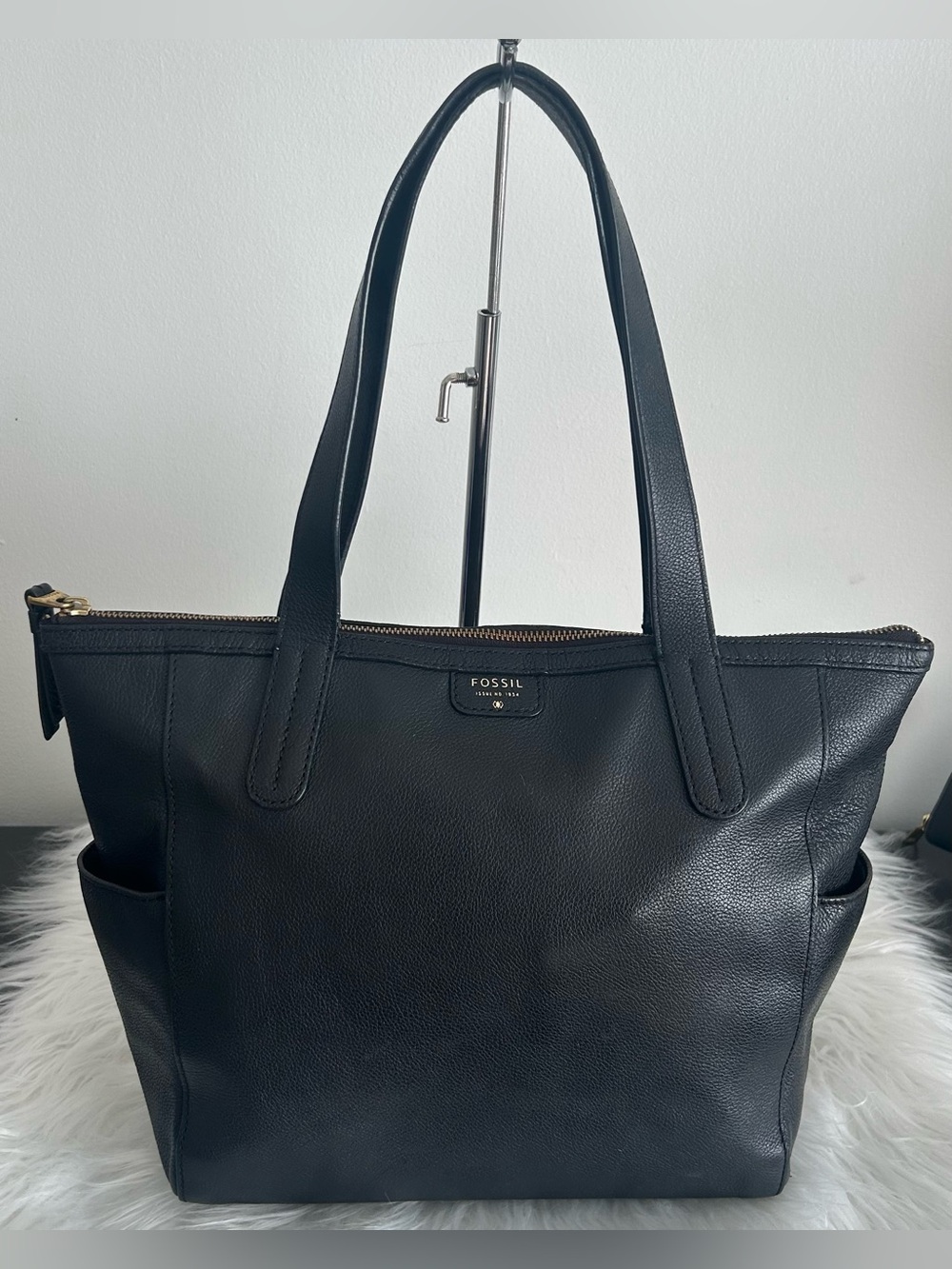Fossil Black Leather Large Zip Top Tote Laptop Shoulder Bag Work bag - Picture 3 of 14